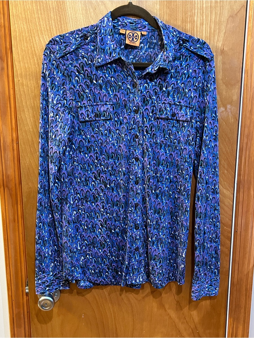 Tory Burch 100% Silk Button Down Purple Blue Peacock Print Utility Top - Large